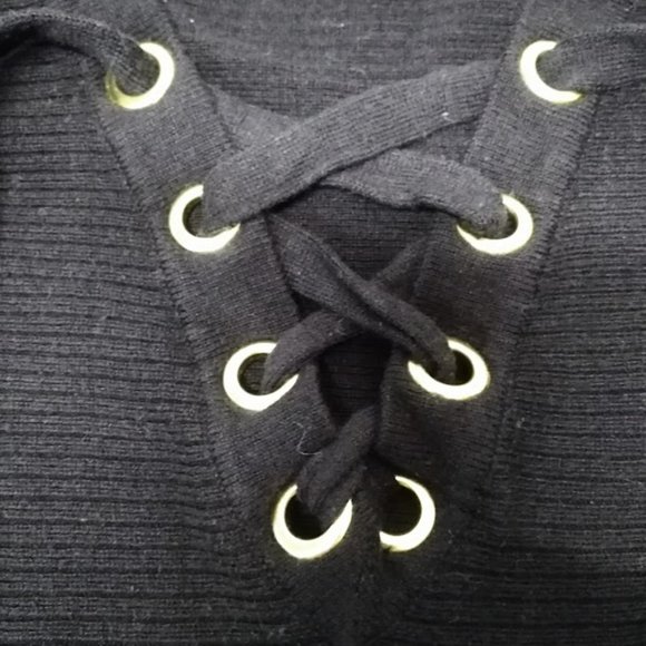 INC International Concepts Black Fringe Trim Lace Up Sweater Size S - Picture 4 of 5